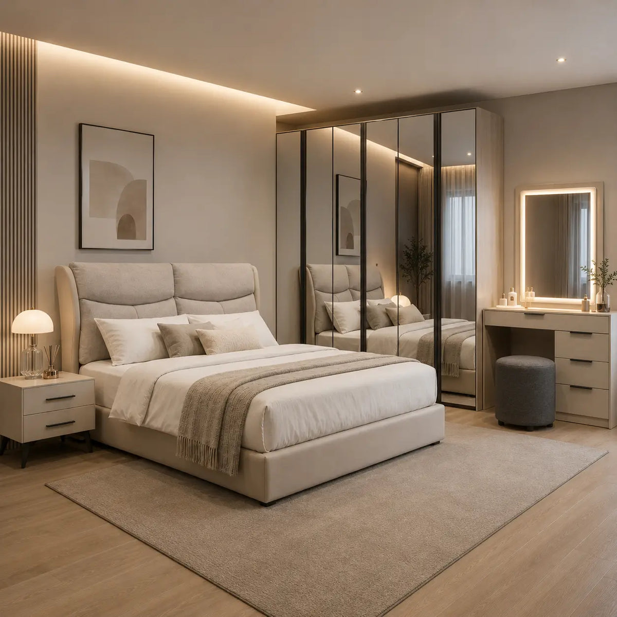 A modern bedroom featuring a beige upholstered bed with white bedding, a matching nightstand, a large mirrored wardrobe, and a light wood vanity desk with a lit mirror.