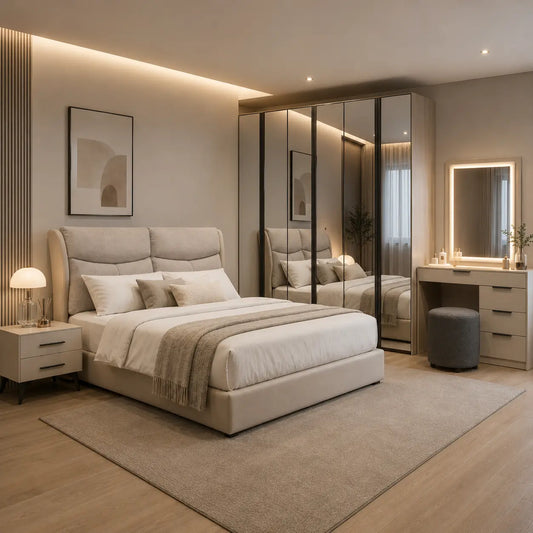 A modern bedroom featuring a beige upholstered bed with white bedding, a matching nightstand, a large mirrored wardrobe, and a light wood vanity desk with a lit mirror.