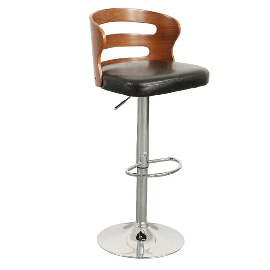 Wooden bar stool with black seat on a white background