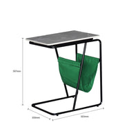 Small table with a green bag underneath, showing dimensions on a white background