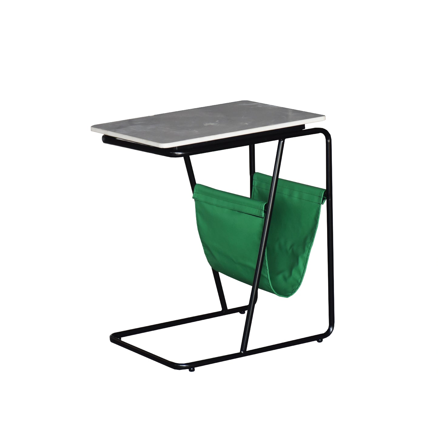 Small table with a green bag underneath on a white background