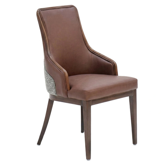 Brown leather chair with wooden legs on a white background
