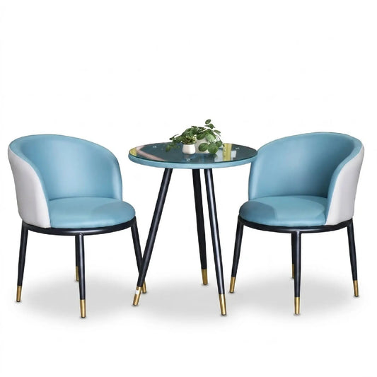 Round table with two matching chairs on a white background