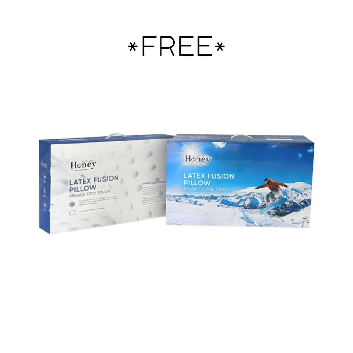 Two boxes of Honey Latex Fusion Pillow on a white background with 'FREE' text above.