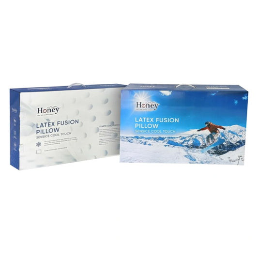 Two boxes of Honey Latex Fusion Pillow packaging on a white background