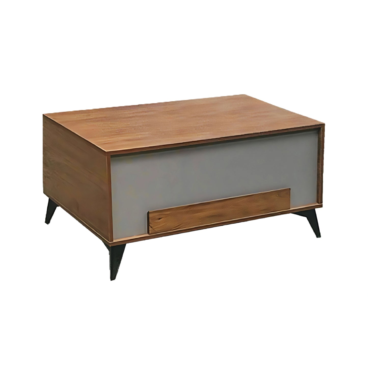 Wooden coffee table with a light gray panel on a white background