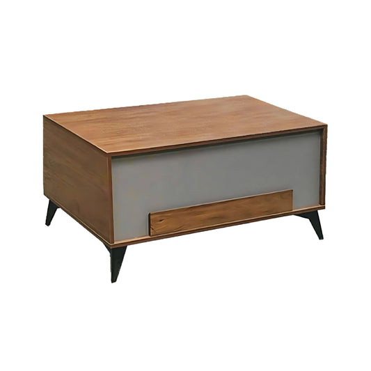 Wooden coffee table with a light gray panel on a white background