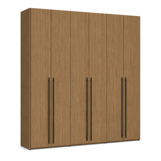 A six-door wardrobe with a medium brown wood grain finish and slim black vertical handles, shown on a plain white background.