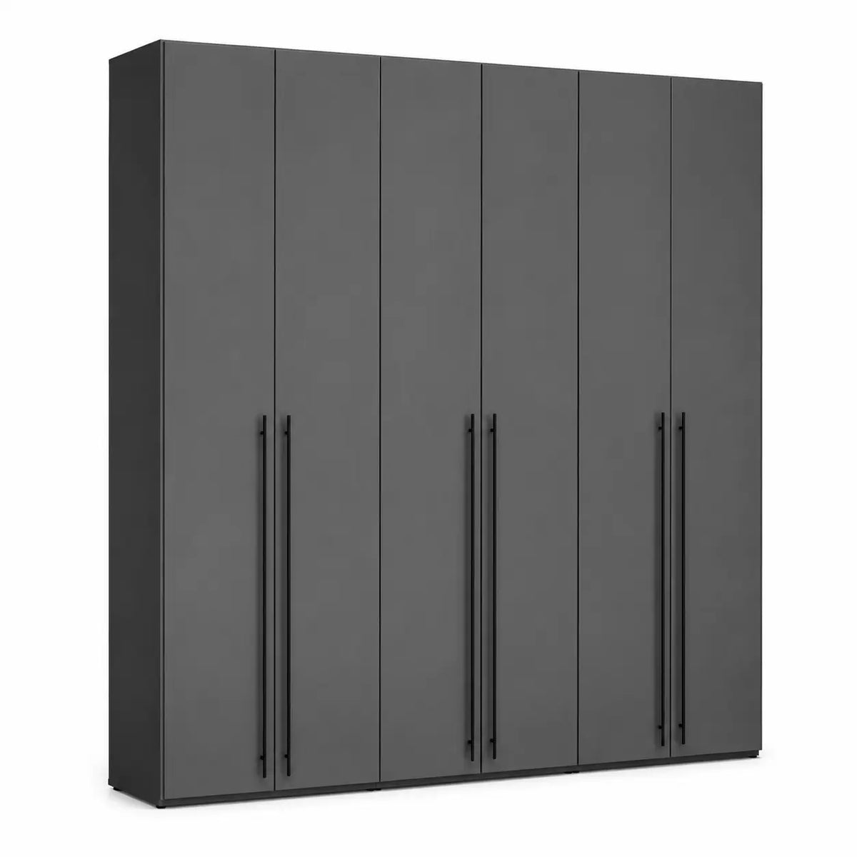 A modern six-door wardrobe or closet cabinet in matte dark gray with slim black vertical handles, shown on a plain white background.