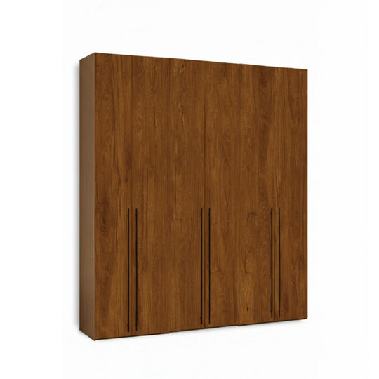 A modern minimalist six-door wardrobe in a deep cinnamon oak wood finish.