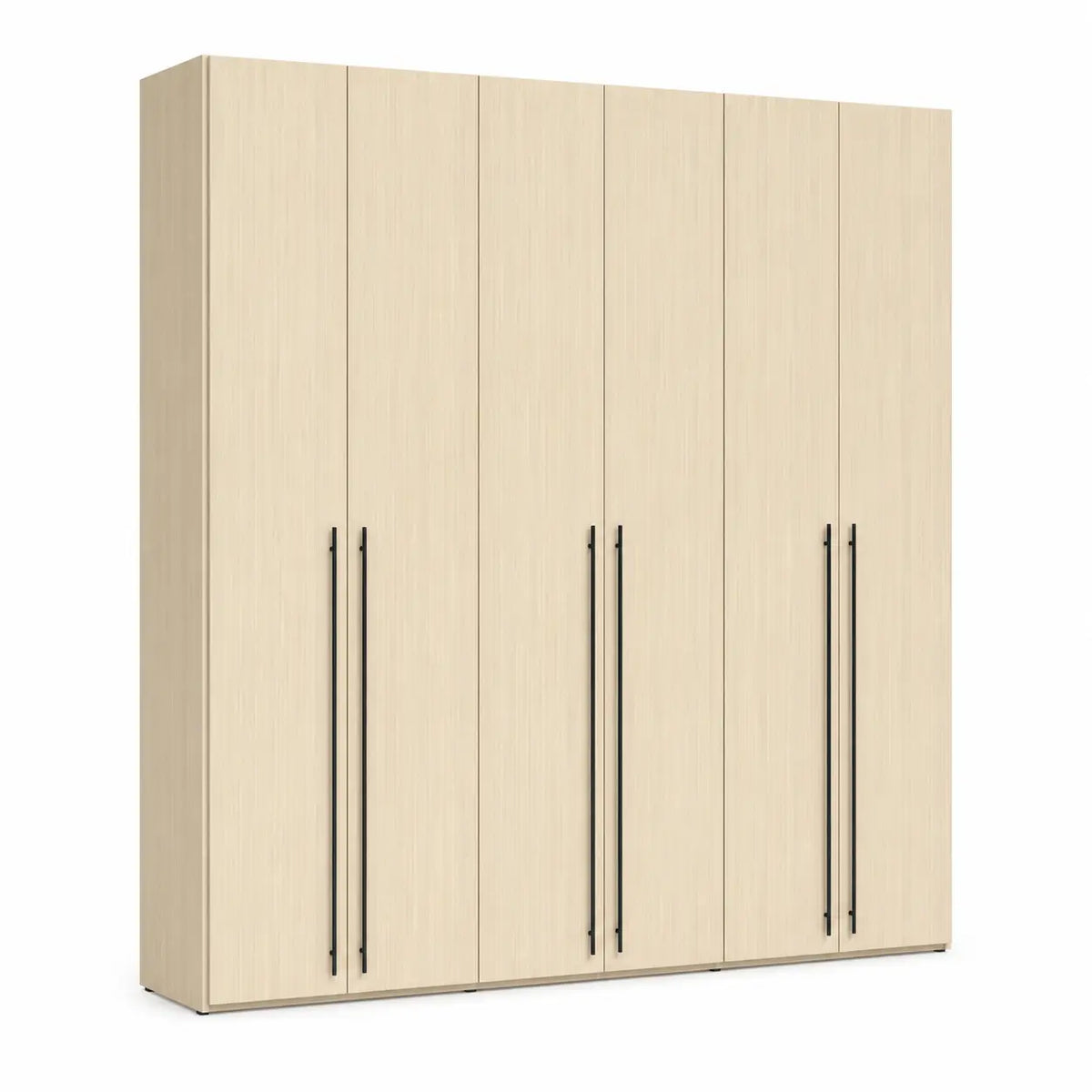 A tall six-door wardrobe with light beige woodgrain doors and slim black vertical handles, shown on a plain white background.