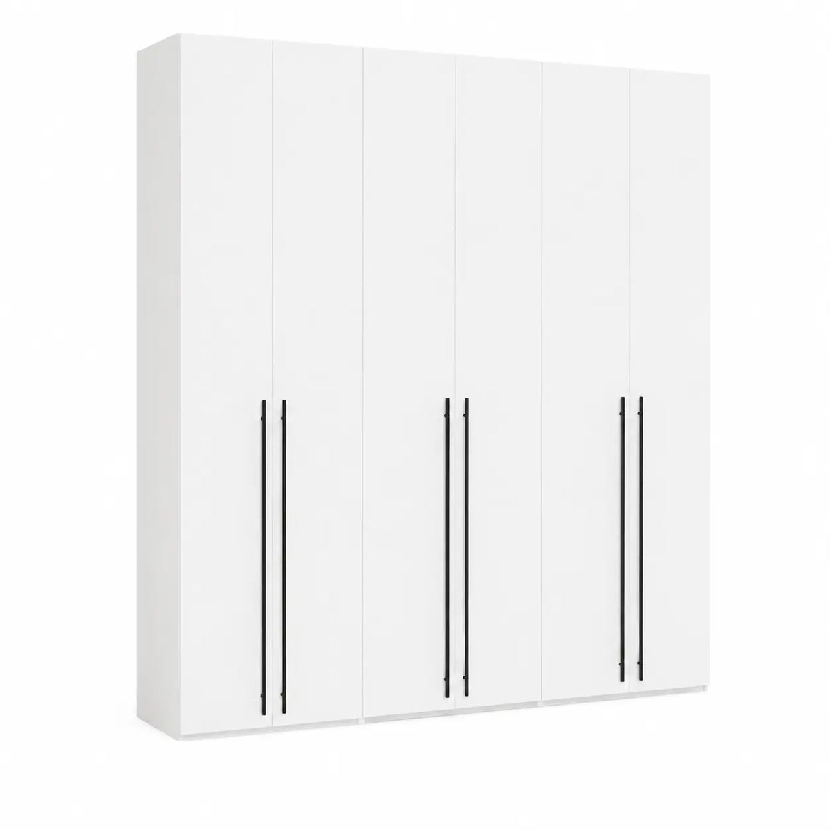 A modern six-door wardrobe or closet cabinet in white, featuring slim black vertical handles on alternating doors, shown against a plain white background.