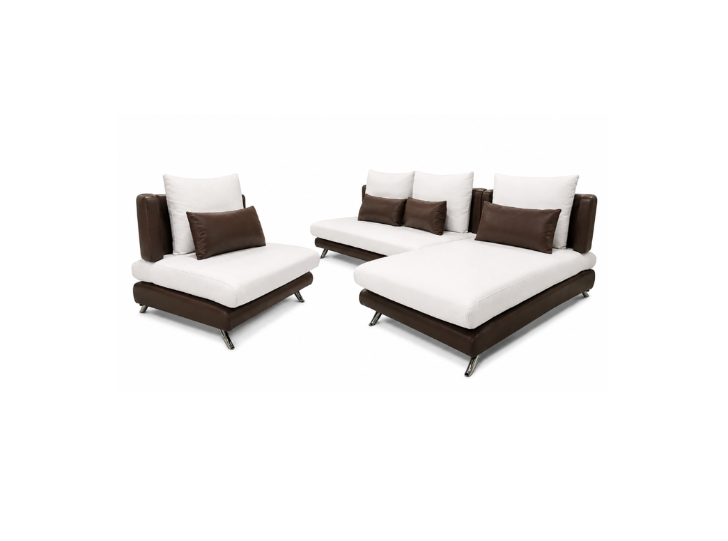 A modern outdoor sectional sofa set consisting of a chaise lounge and two matching armchairs, upholstered in white fabric with dark brown leather-like side panels and matching brown accent pillows, shown on a plain white background.