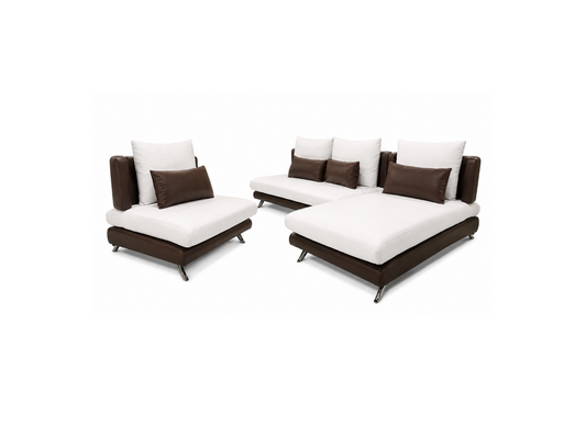 A modern outdoor sectional sofa set consisting of a chaise lounge and two matching armchairs, upholstered in white fabric with dark brown leather-like side panels and matching brown accent pillows, shown on a plain white background.