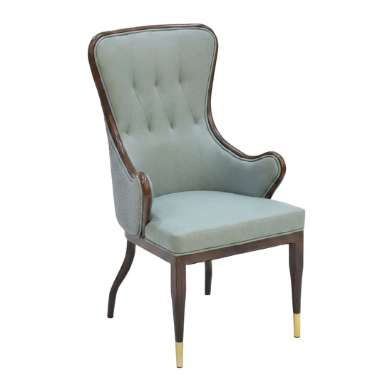 Chair with light blue cushioned seat and backrest on a white background