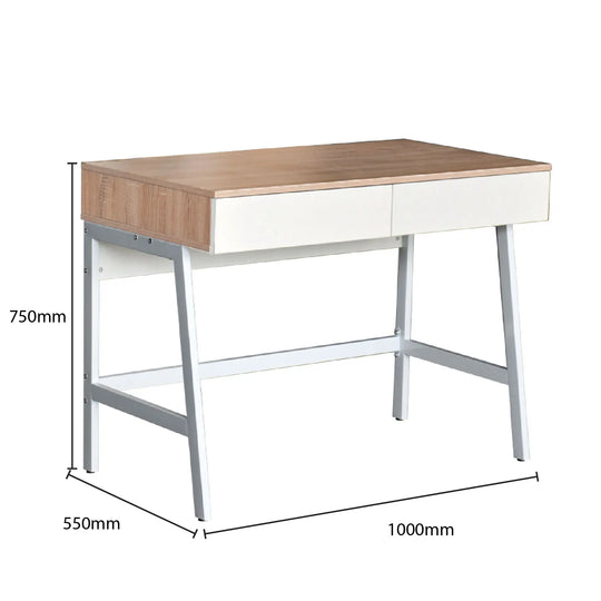 White desk with wooden top and dimensions labeled