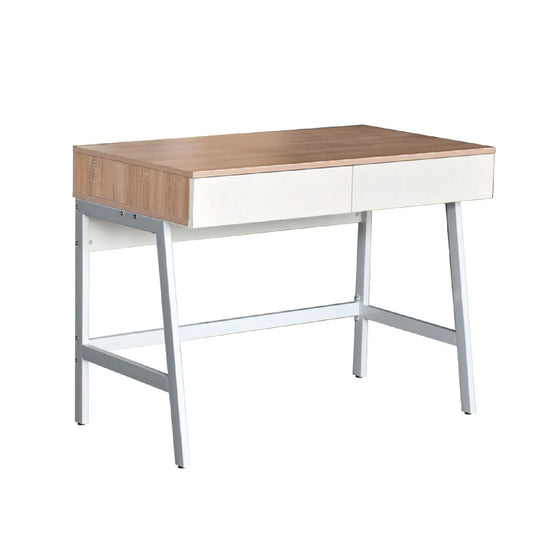 Small desk with wooden top and white drawers on a white background