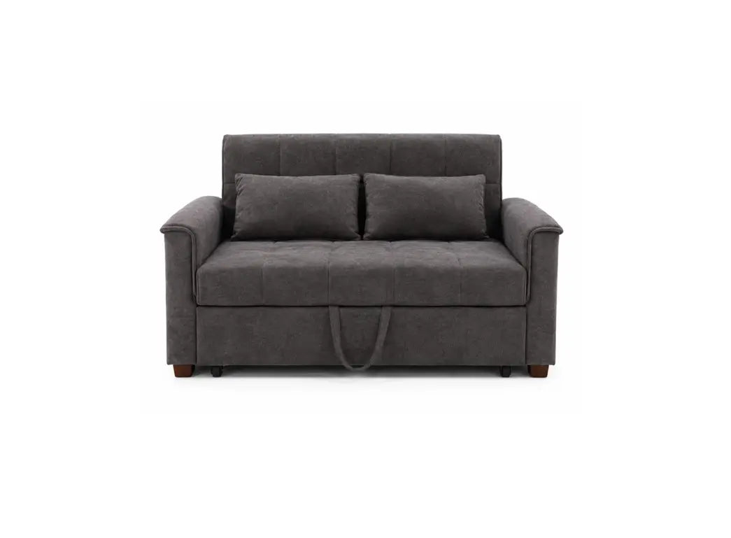 A dark gray upholstered loveseat or sofa bed with two matching throw pillows and a storage compartment underneath, shown against a plain white background.
