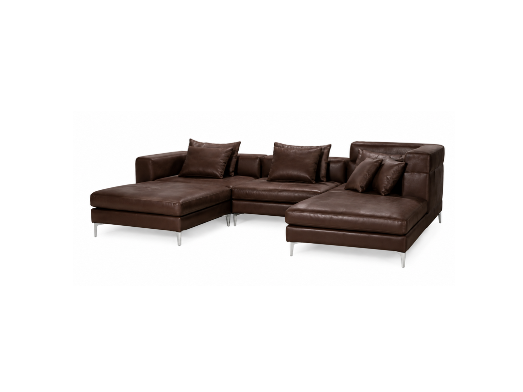 A dark brown faux leather sectional sofa with a left-facing chaise and a right-facing chaise, styled with matching throw pillows, supported by slim silver metal legs, shown against a plain white background.