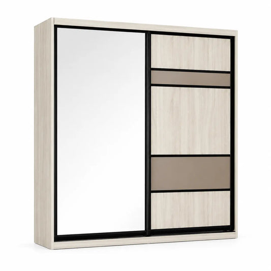 A modern sliding wardrobe door featuring one large white mirror panel and one textured panel with a light wood grain finish, taupe horizontal accents, and a black frame.