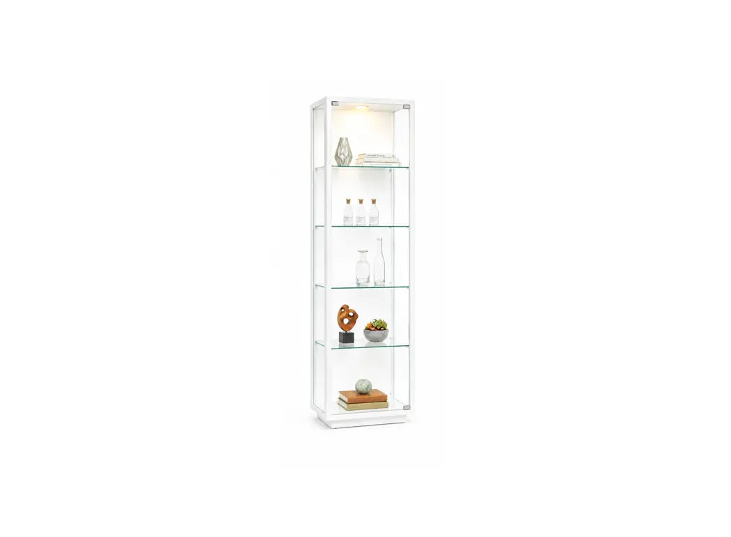 A tall, narrow white glass display cabinet with five shelves and built-in lighting, shown against a plain white background.