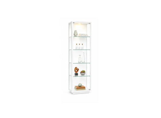 A tall, narrow white glass display cabinet with five shelves and built-in lighting, shown against a plain white background.