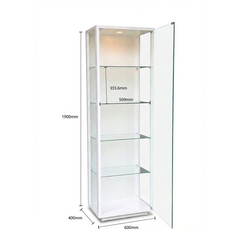 Glass display cabinet with dimensions on a white background