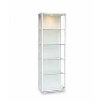 Glass display cabinet with white frame on a white background