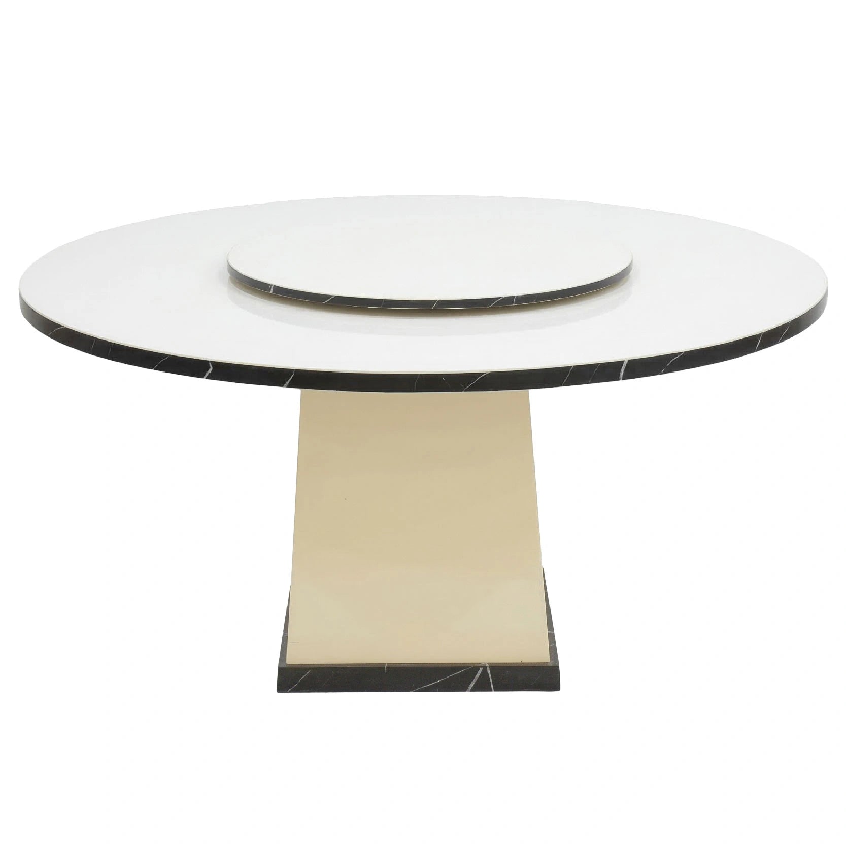 Round marble dining table with a white top and black veins on a beige base.