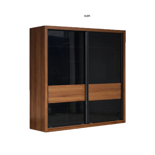 Wooden wardrobe with black glass doors on a white background