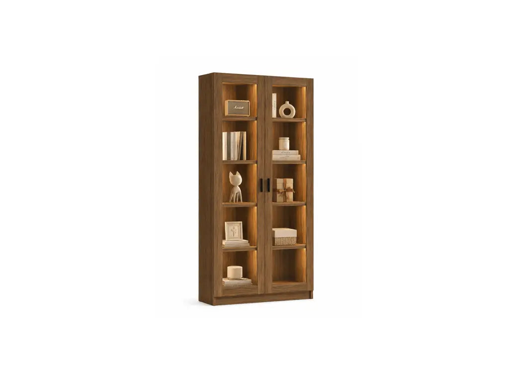 A tall wooden bookcase with two glass-front doors and multiple interior shelves, shown on a plain white background.