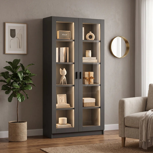 A tall dark gray bookcase with two glass-front doors and warm interior lighting, styled in a living room with books, decorative objects, a plant, framed wall art, a round mirror, and part of a beige armchair.