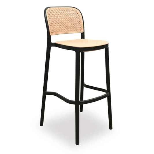 Bar stool with woven backrest and seat on a white background