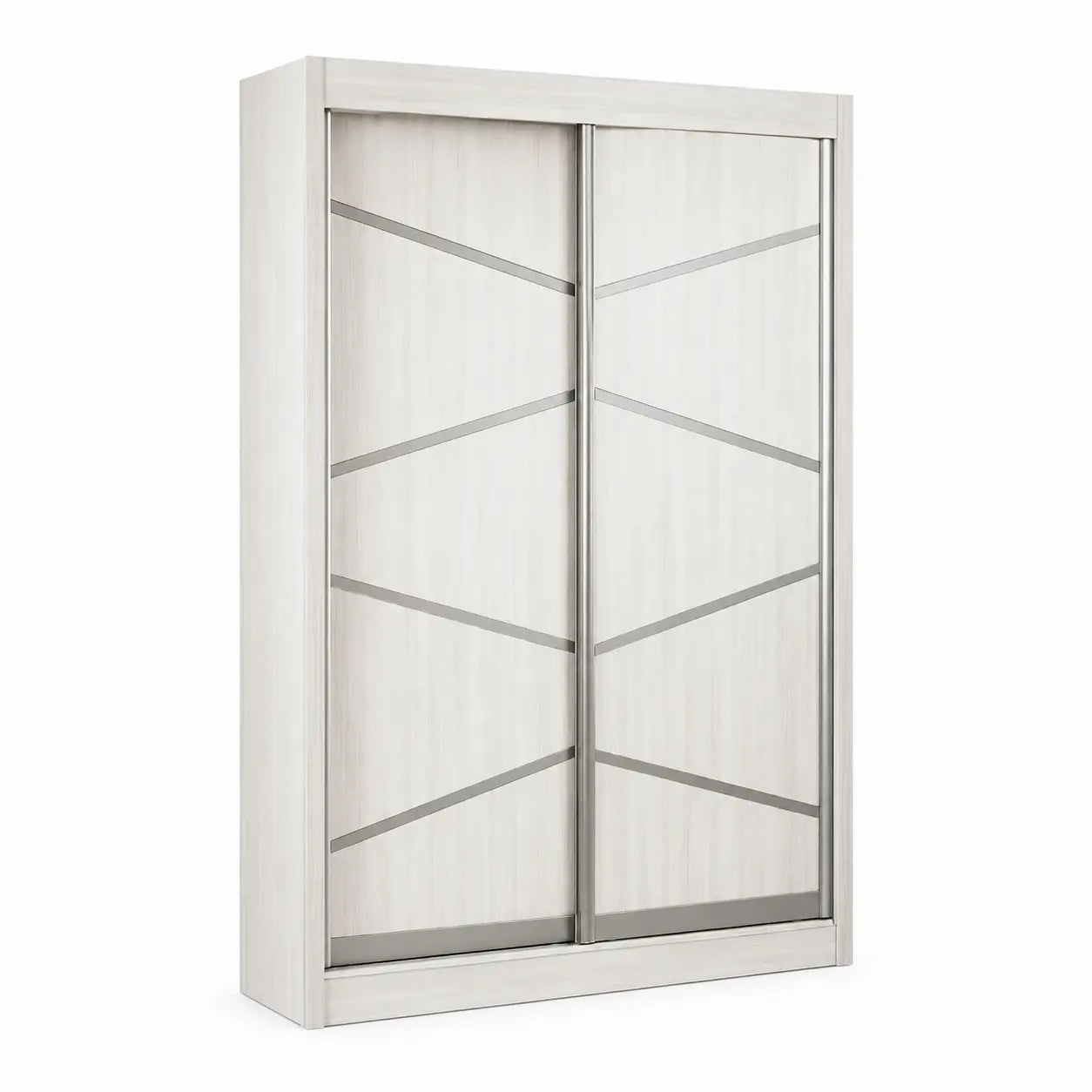 A modern sliding wardrobe door cabinet with a light gray wood-grain finish and geometric silver metal accents on the doors, shown against a plain white background.
