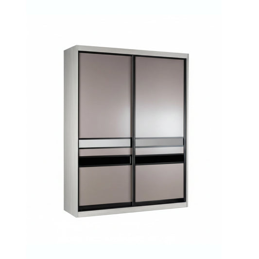 Sliding door wardrobe with reflective glass panels on a white background