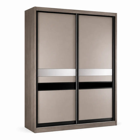 A modern two-door sliding wardrobe with a brown wood-grain frame and doors featuring a champagne-gold finish, a horizontal silver metallic band, and a black horizontal accent strip.