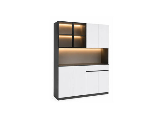 A modern wall-mounted storage cabinet with white doors, dark gray side panels and base, and warm under-shelf lighting, shown on a plain white background.
