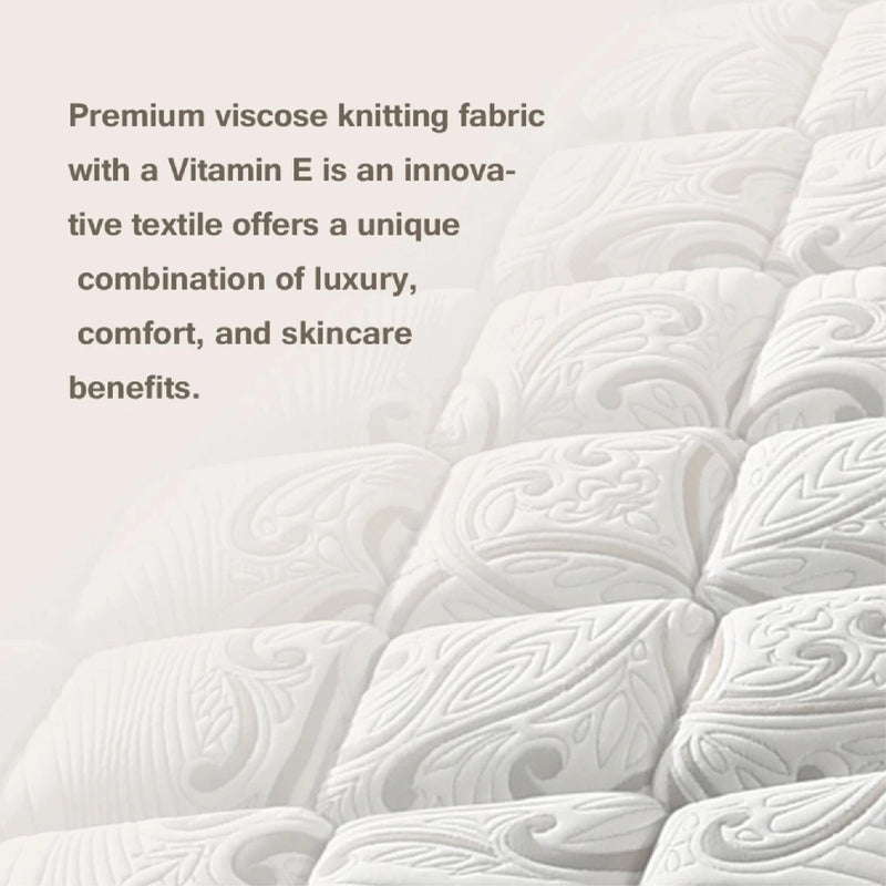 Close-up of premium viscose knitting fabric with text about Vitamin E benefits