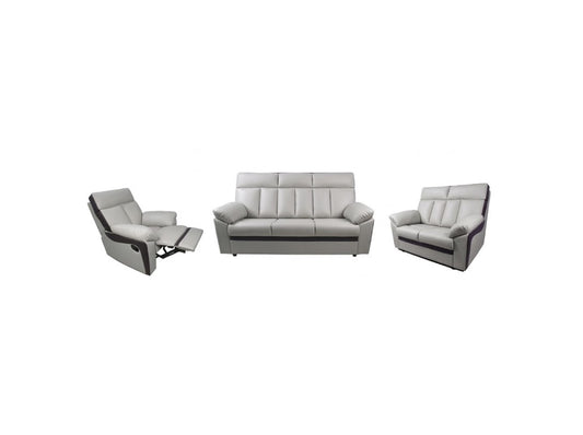 A three-piece light gray leather furniture set consisting of a recliner chair, a three-seat sofa, and a loveseat, shown against a plain white background.