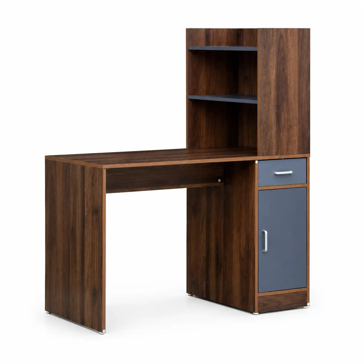A modern L-shaped computer desk with a dark brown wood grain finish and slate blue-gray accents on the shelves, drawer front, and cabinet door, shown on a solid white background.