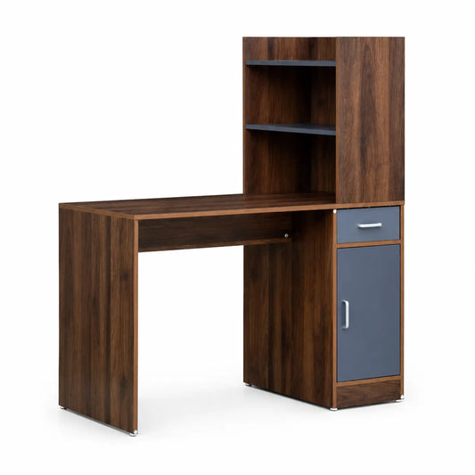 A modern L-shaped computer desk with a dark brown wood grain finish and slate blue-gray accents on the shelves, drawer front, and cabinet door, shown on a solid white background.