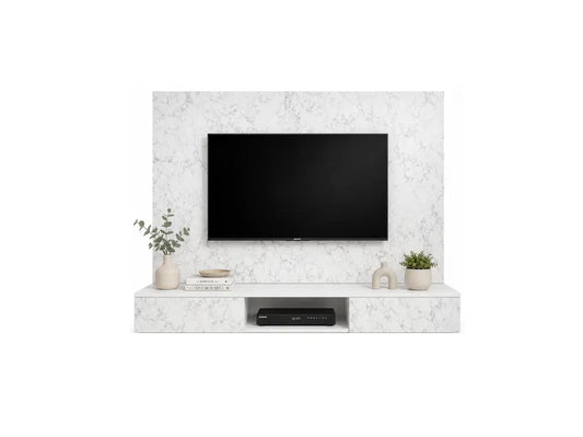 A modern floating TV stand and wall-mounted TV unit in a white marble-look finish, shown against a plain white background with decorative plants and small vases.