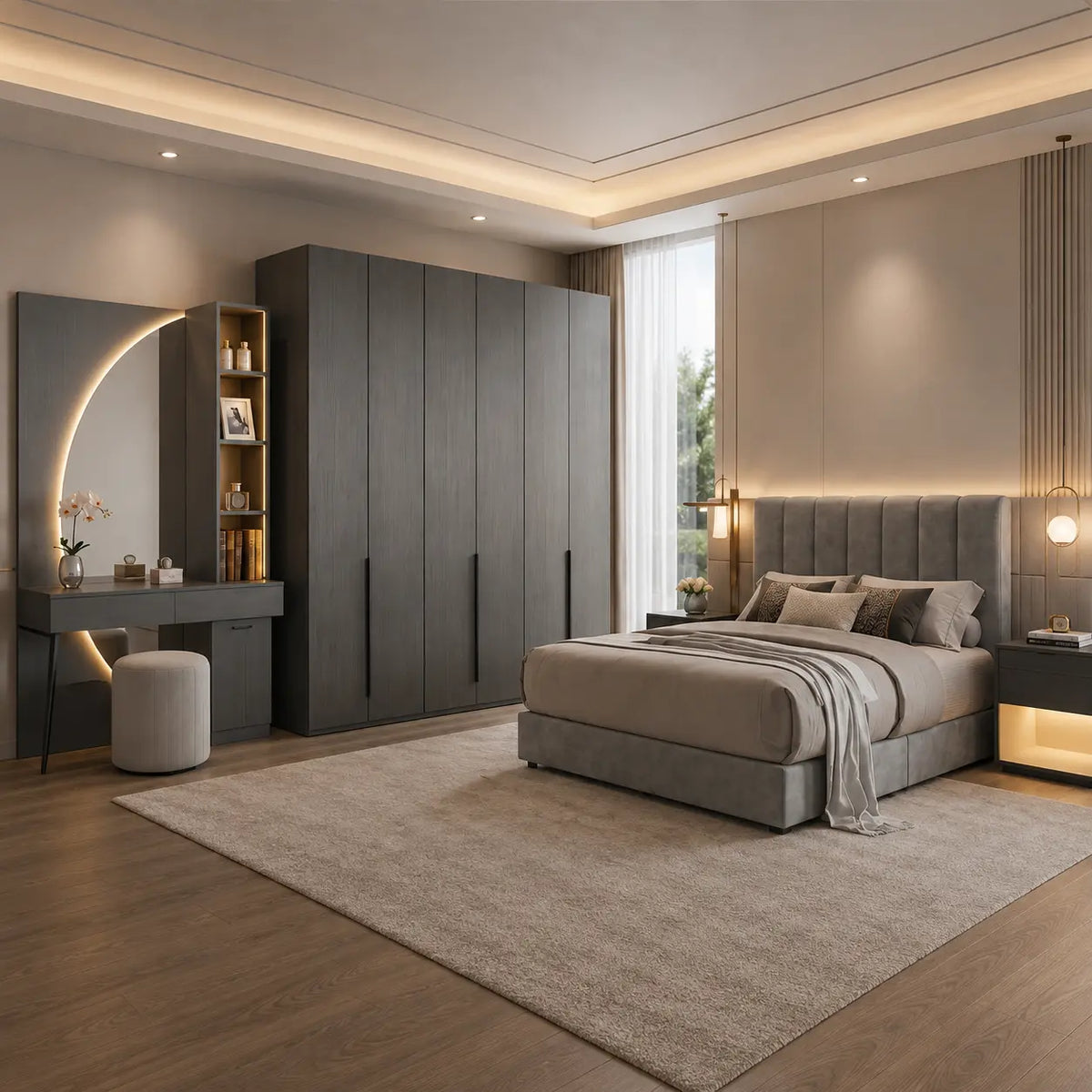 A modern bedroom interior featuring a large dark gray wardrobe, a matching gray upholstered bed with a built-in LED headboard, a vanity desk with a curved backlit mirror, and a light beige rug over wood flooring.