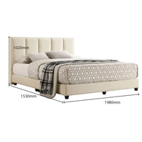 Beige upholstered bed with dimensions marked on a white background