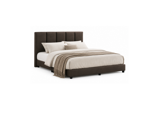 A modern platform bed with a tall, tufted upholstered headboard and matching upholstered footboard in dark brown, styled with beige bedding, pillows, and a beige throw blanket, set against a plain white background.