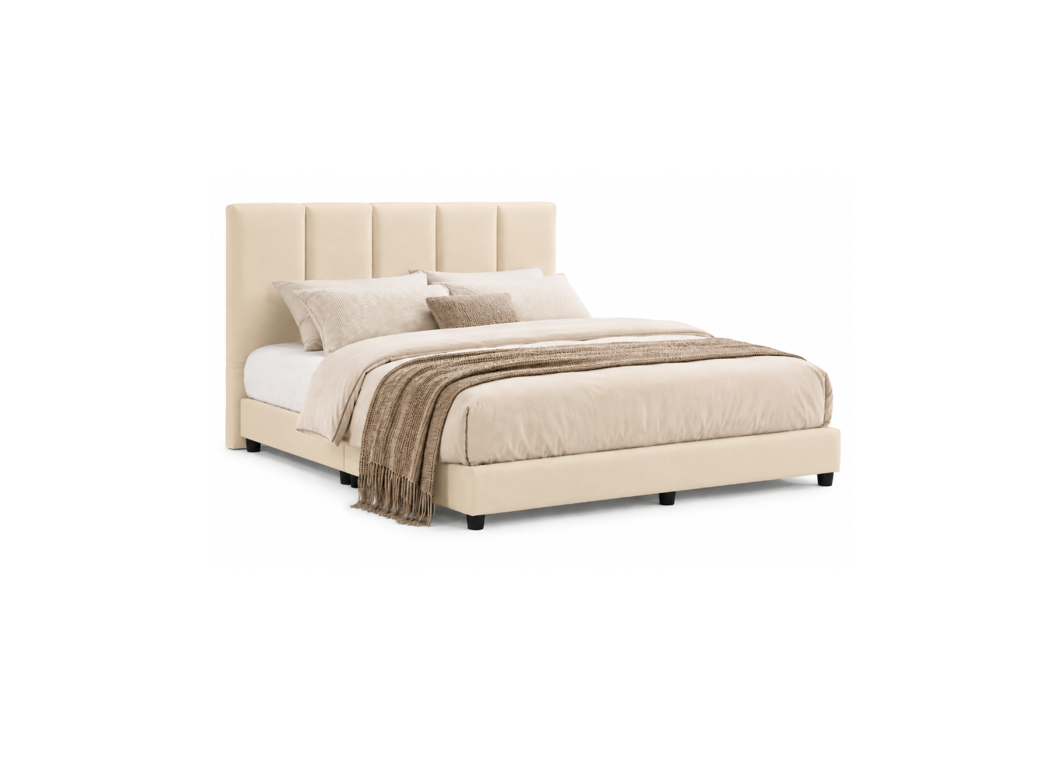A modern platform bed with a tall, vertically channel-tufted upholstered headboard and matching upholstered footboard, shown in a light beige/cream fabric. The bed is styled with white sheets, beige pillows, and a brown throw blanket, set against a plain white background.