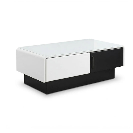 Modern coffee table with white and black design on a white background