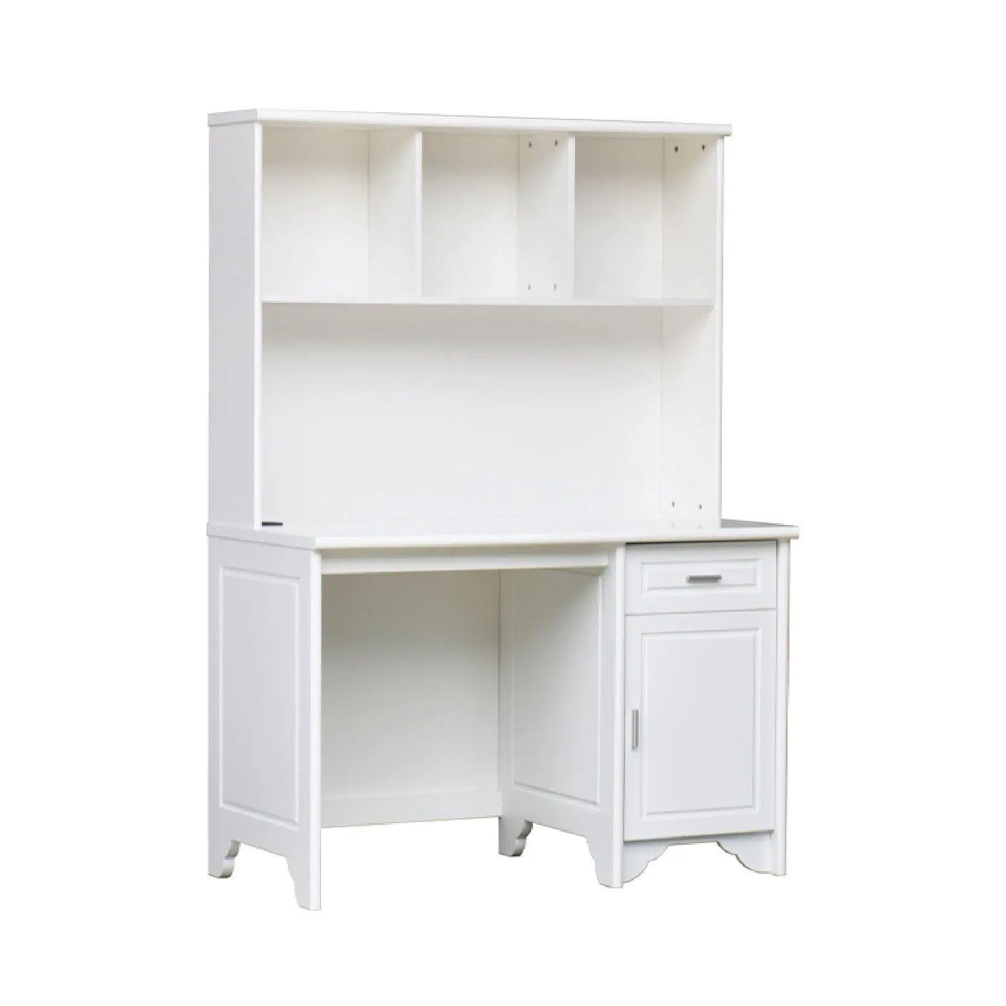 White corner desk with storage shelves on a white background