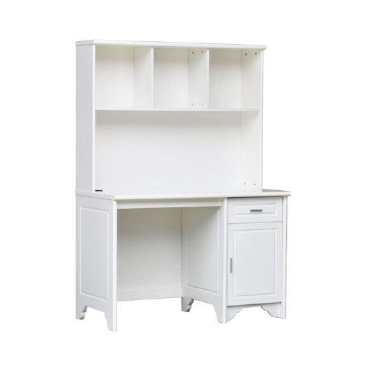 White corner desk with storage shelves on a white background