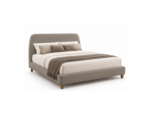 Maui queen divan bed frame with curved headboard and tapered wooden legs